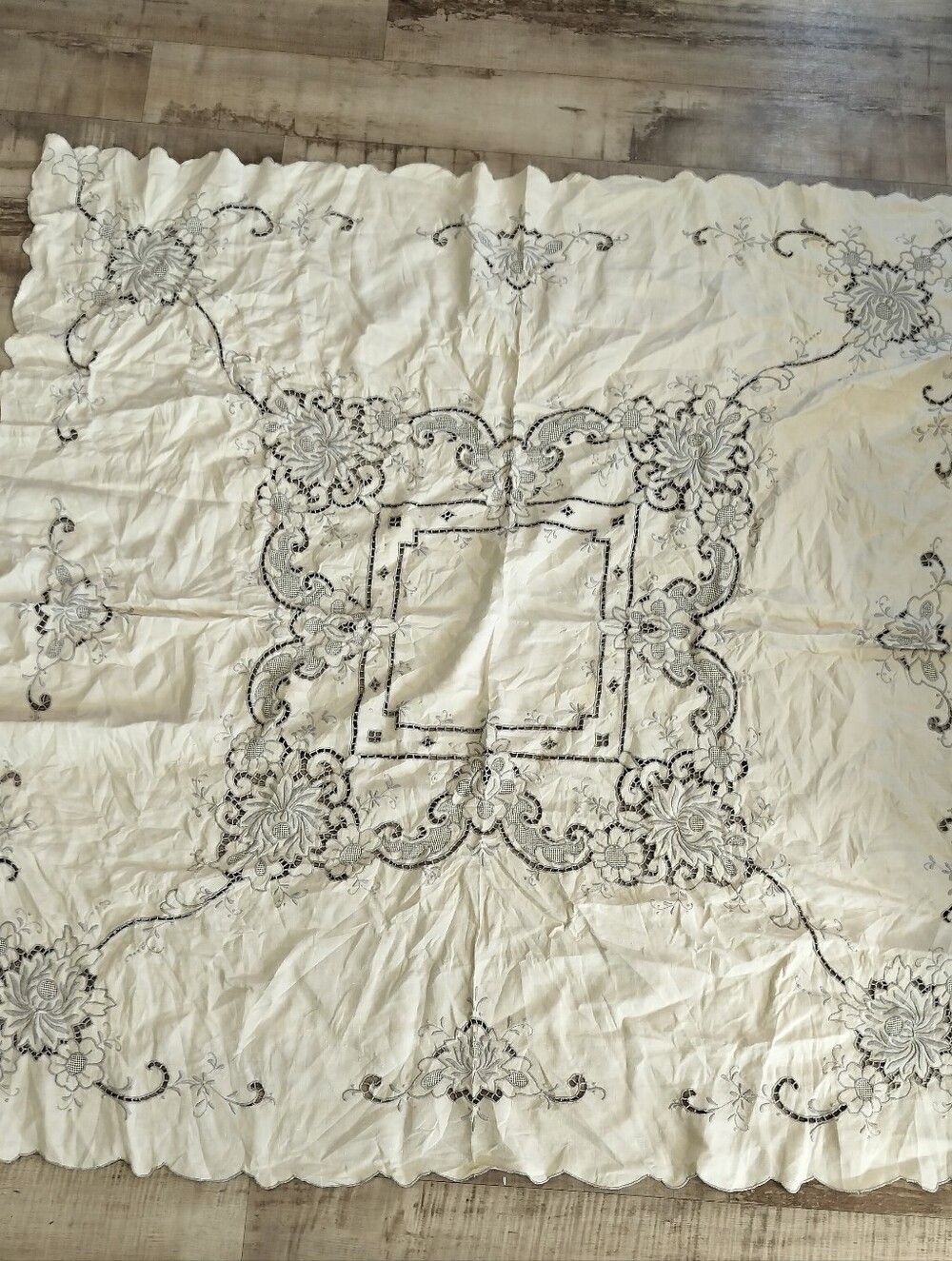 Embroidered Cream Tablecloth with Black Floral Scrolls